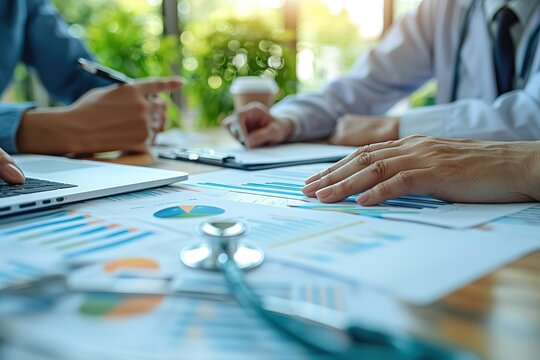 A group of people are sitting around a table with a laptop and a bunch of papers