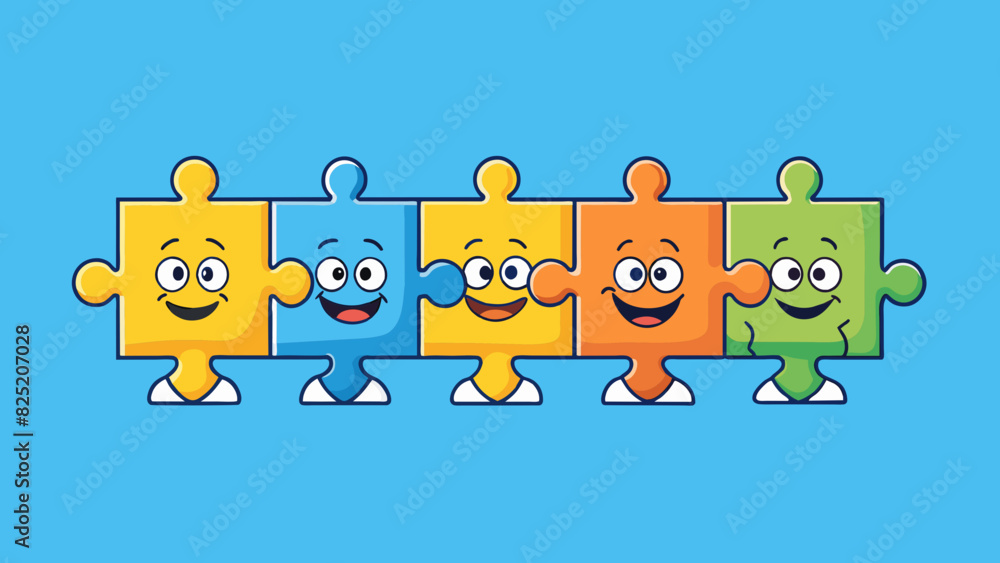 Poster Five puzzle pieces each with a unique pattern fitting perfectly together to form a complete picture.. Cartoon Vector.