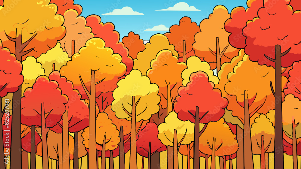 Poster From a high vantage point a person can see a forest of tall trees with their branches swaying gently in the breeze. The leaves are a vibrant mix of. Cartoon Vector.