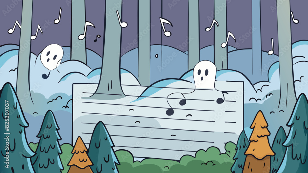 Aufkleber haunting notes lingering in the air like a thick fog surrounding a mysterious forest.. cartoon vecto