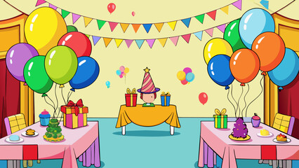 Follow the trail of colorful balloons to a bright and cheerful birthday party. The tables are covered in bright tablecloths and streamers and a large. Cartoon Vector.