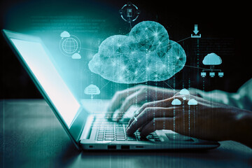 Cloud computing technology and online data storage for business network concept. Computer connects to internet server service for cloud data transfer presented in 3D futuristic graphic interface. uds