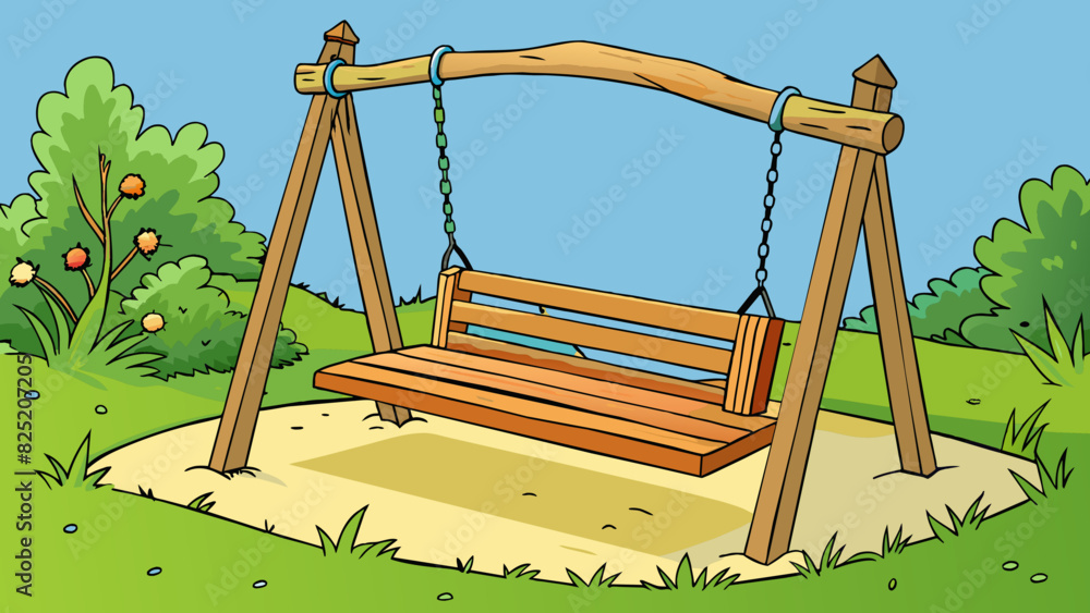 Poster illustration 5 a wooden swing gently swaying back and forth in a peaceful garden. the swing is made 