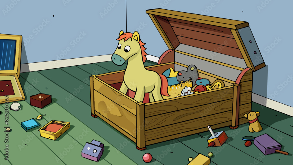 Poster In a childs bedroom there sits an old toy box that has been passed down for generations. It is filled with an eclectic mix of toys but there is one. Cartoon Vector.