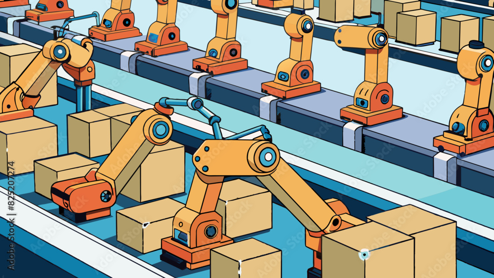 Aufkleber In a busy factory rows of robotic arms move in a synchronized dance assembling and packaging products with incredible speed and efficiency. The. Cartoon Vector.