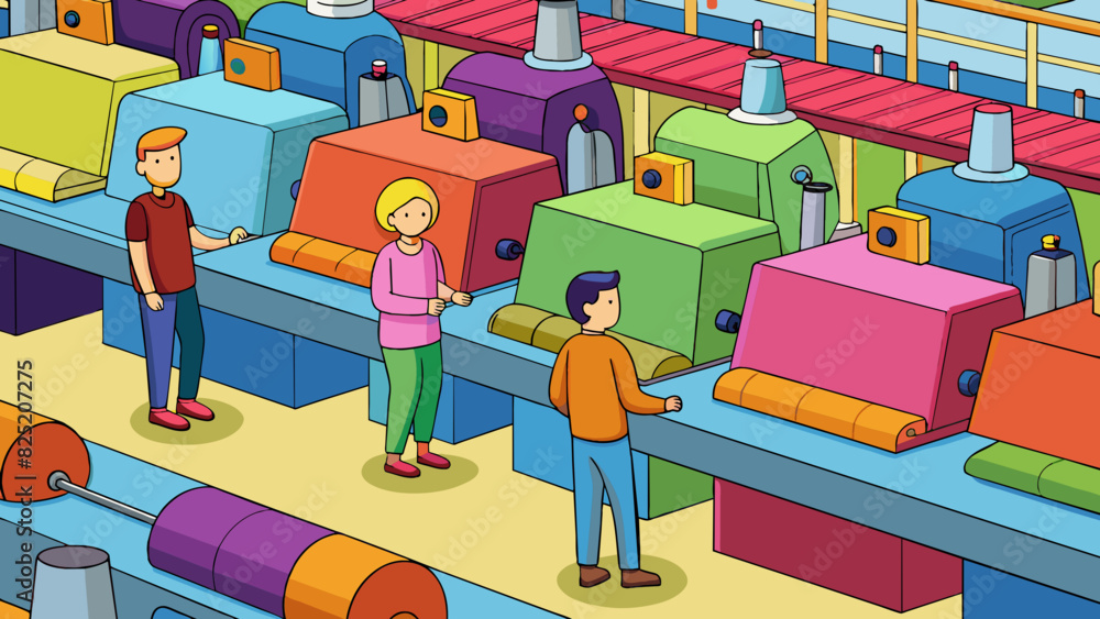 Poster in a bustling textile factory colorful bolts of fabric are being fed into large sewing machines by s