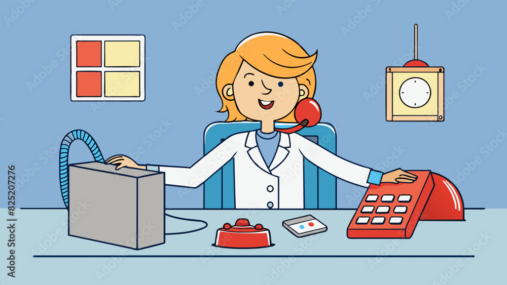 Poster In a busy office a receptionist uses a landline to make a call. The phone has a cord connecting it to the wall and a row of buttons for speed dialing.. Cartoon Vector.