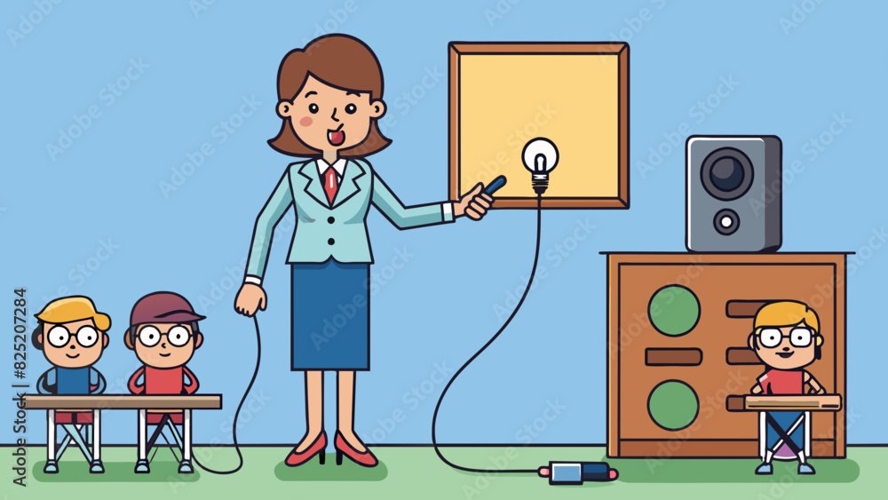 Poster In a call a teacher stands in front of a classroom and speaks into a microphone attached to a large speaker. The speaker has a volume dial and is. Cartoon Vector.