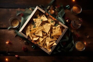 Exquisite nachos on a wooden board against a patterned gift wrap paper background