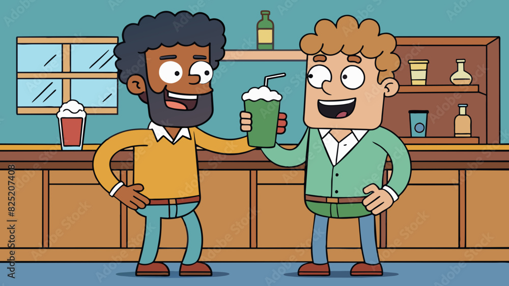 Poster in a lively bar two friends are standing at the counter drinks in hand. they lean towards each other