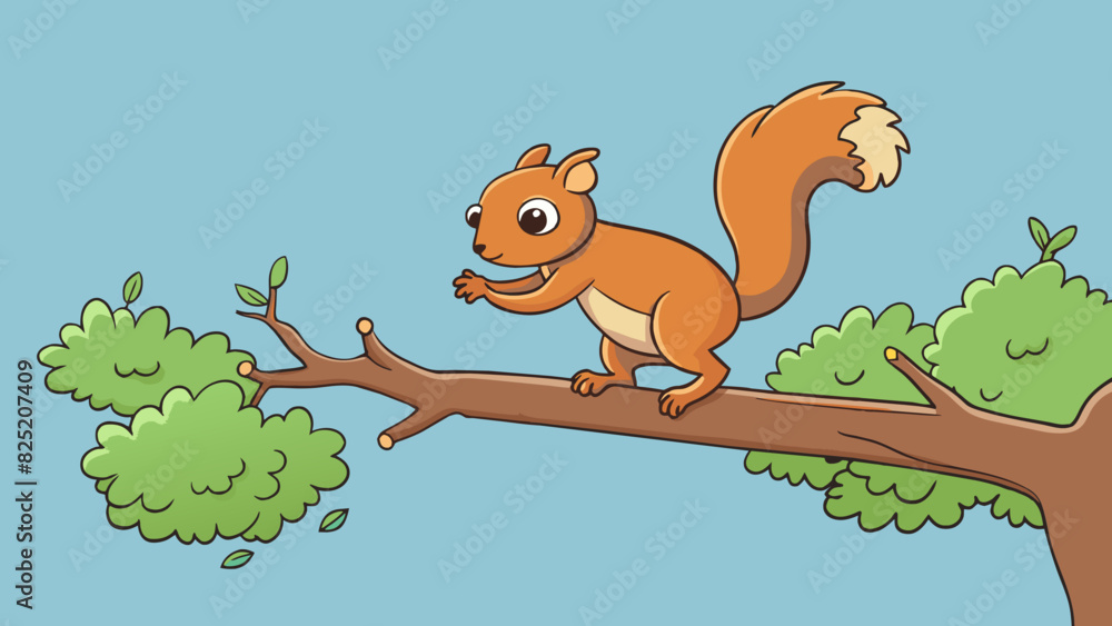 Poster In a quiet forest a squirrel suddenly scurries up a tree and stops on a branch balancing perfectly on its tiny feet. Its moment is one of agility and. Cartoon Vector.