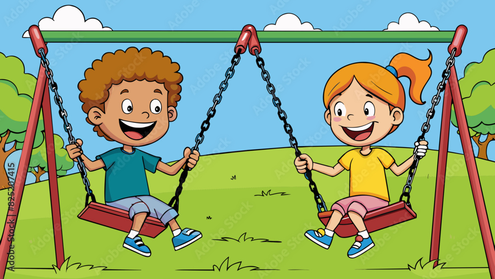 Poster in a playground a boy and a girl are taking turns pushing each other on a swing set. the swings have