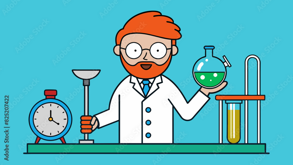 Poster In a science lab a scientist is using a stopwatch to measure the time it takes for a chemical reaction to occur. After one second a color change is. Cartoon Vector.