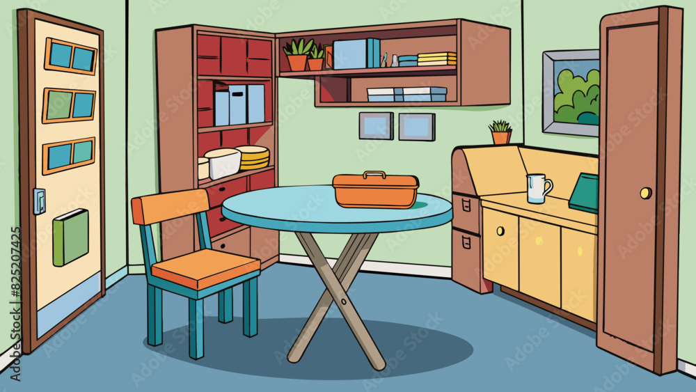 Poster In a small cluttered apartment a collapsible dining table is essential to save space and provide a functional eating area. Its slim foldable design. Cartoon Vector.