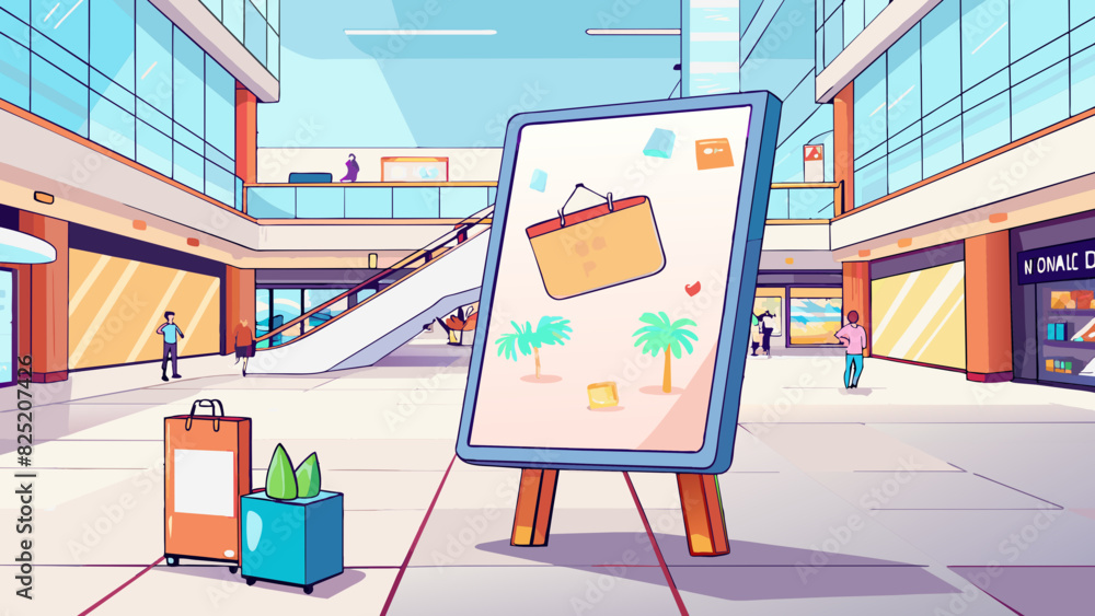 Poster In a shopping mall a large whiteboard is propped up on a stand in the center of the main walkway. The board has a neatly written message in multiple. Cartoon Vector.