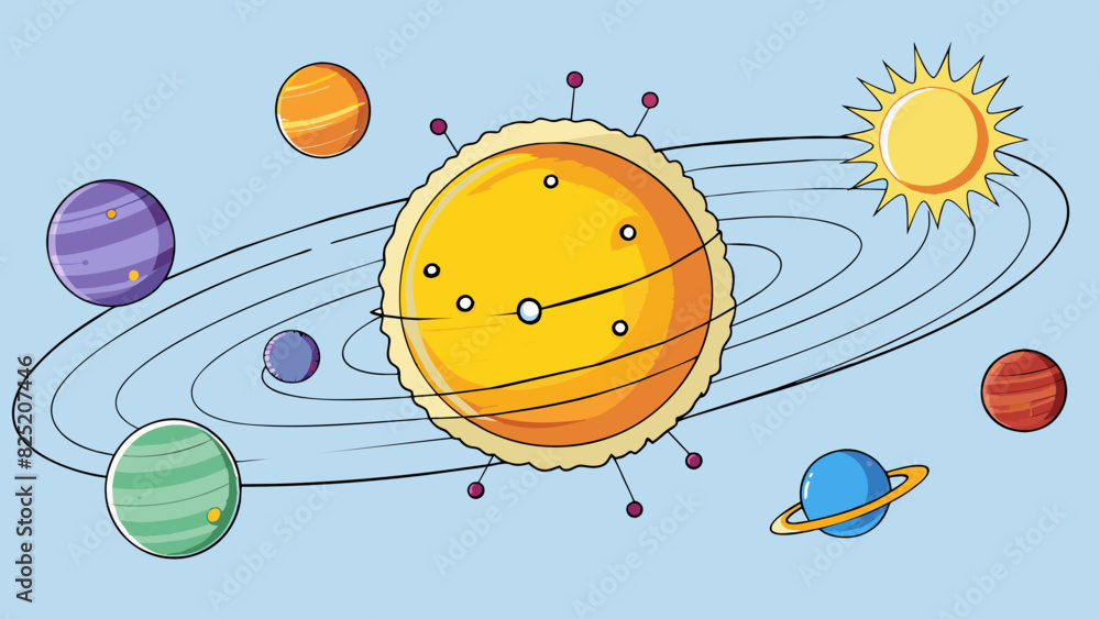 Poster in a solar system diagram the sun stands at the centre its yellow glow radiating heat and light to t