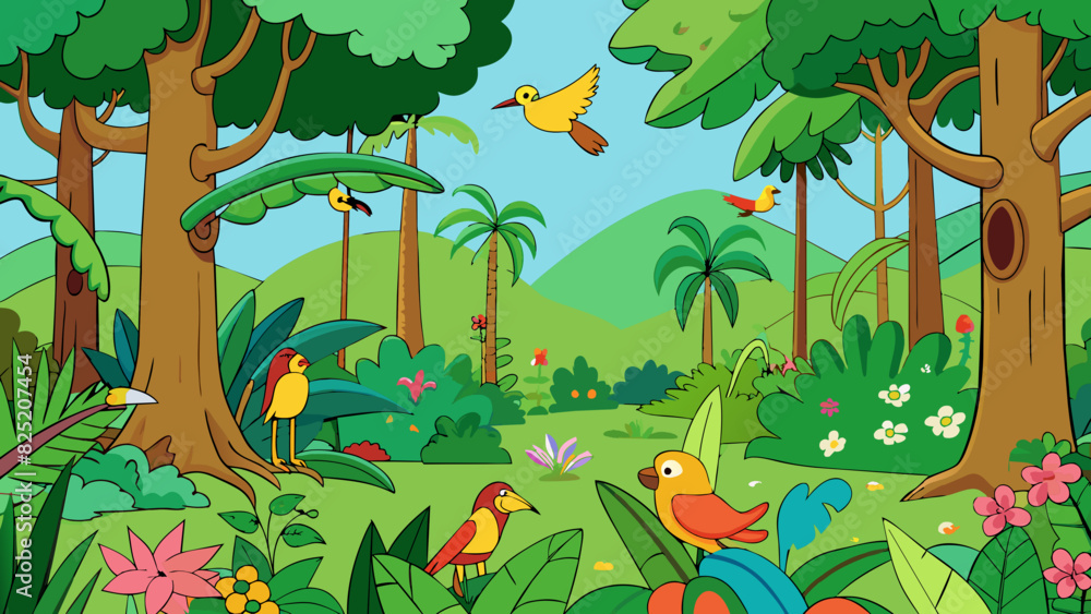 Poster in a tropical country dense rainforests cover most of the land. the tall trees are filled with an ar