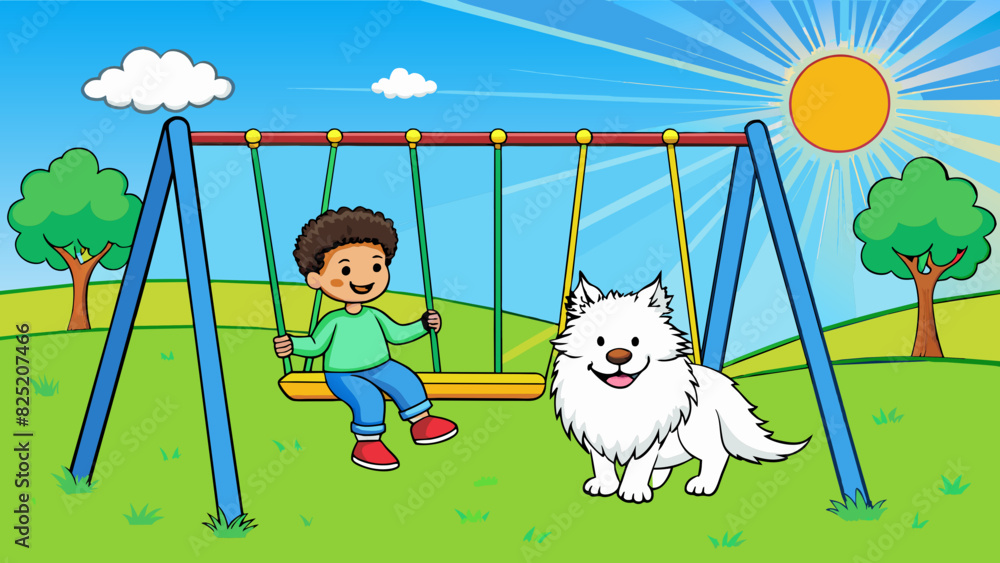 Poster in a sunny park a child is swinging on a colorful swing set while their dog playfully jumps around t