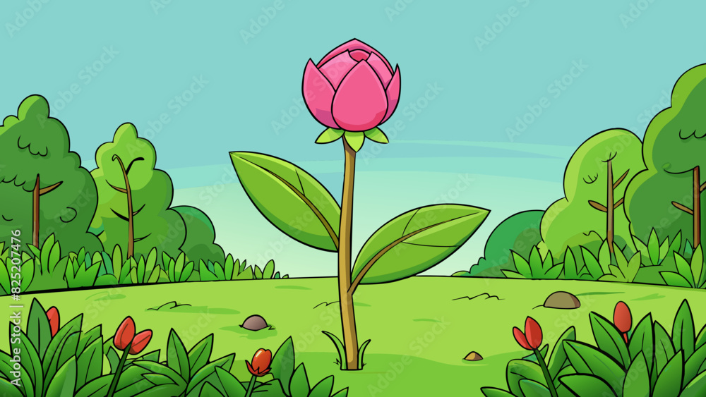 Poster including a new plant in a garden a tall slender stalk with vibrant pink petals adding a pop of colo
