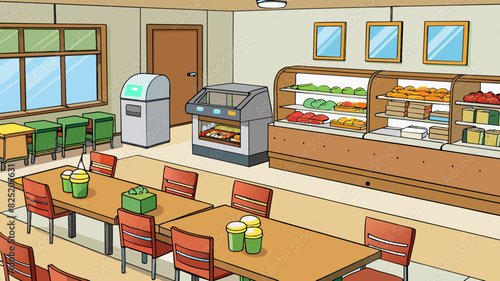 Poster in the cafeteria a large refrigerated display case holds premade sandwiches and salads while a steam