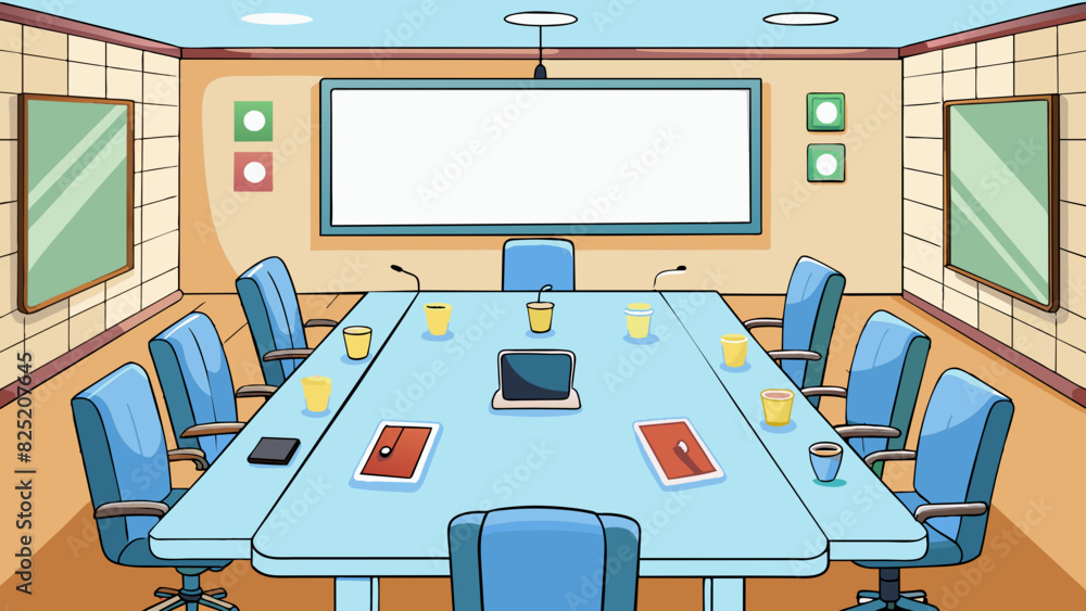 Poster in the conference room a long table sits in the center with several ergonomic chairs surrounding it.