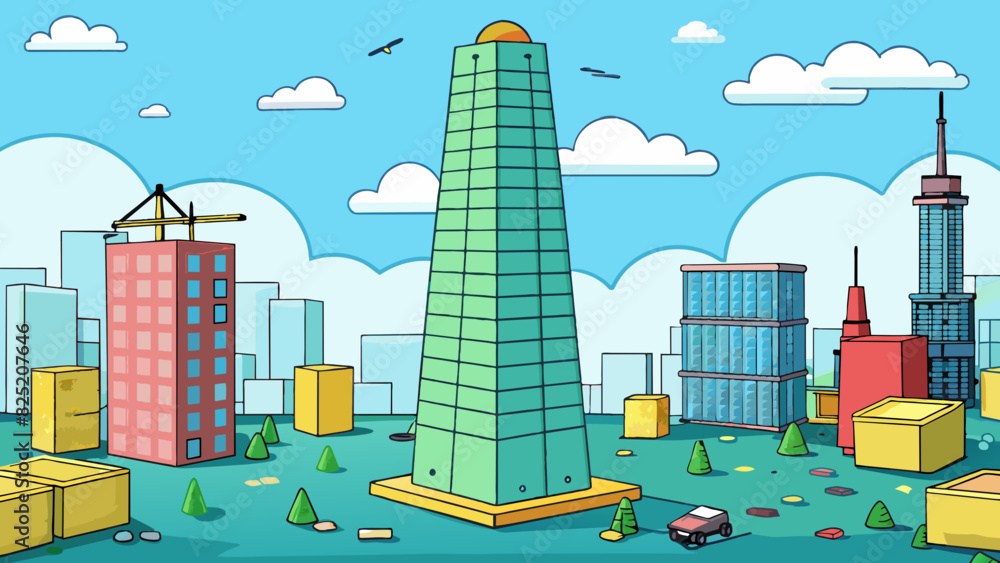 Aufkleber in the bustling city there stands a towering skyscr that has never been fully completed. the top flo