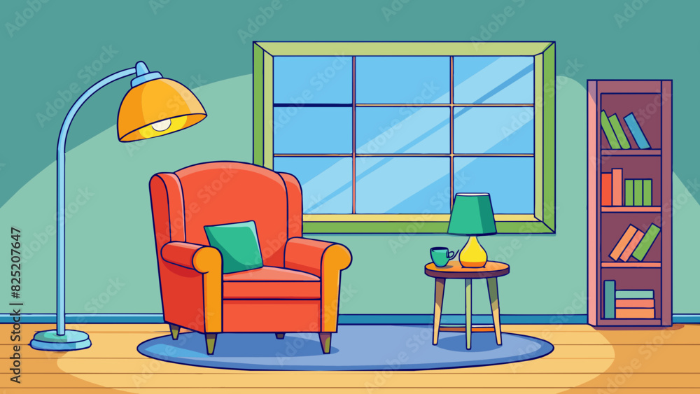 Poster in the corner of the room there is a bright natural light streaming in through a large window illumi