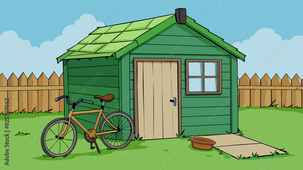 Poster in the far corner of the backyard there was a small shed with peeling green paint. the roof was slig