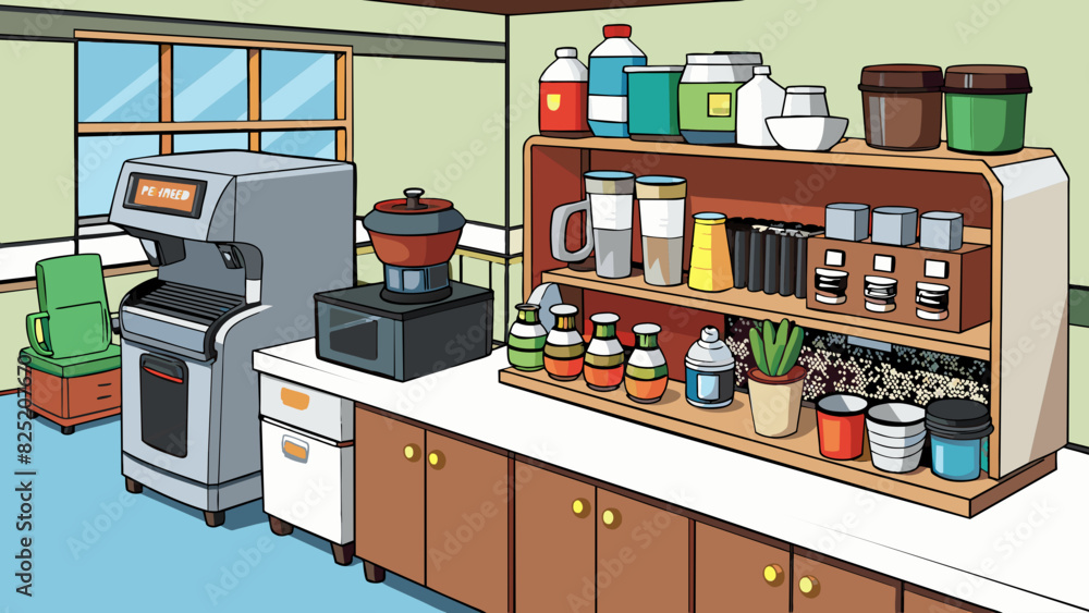 Poster In the corner of the busy office a large wellstocked coffee station stood. It featured a shiny espresso machine a variety of syrups creamers and. Cartoon Vector.