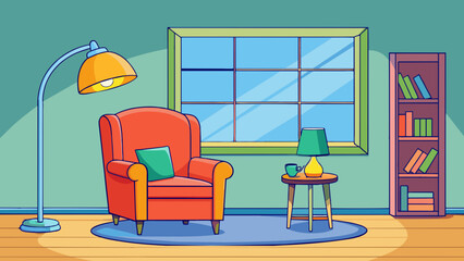 In the corner of the room there is a bright natural light streaming in through a large window illuminating a cozy reading nook with a plush armchair. Cartoon Vector.