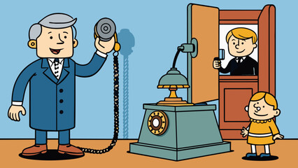 In the early 20th century telephones were becoming more common in households. They were large boxy contions with a rotary dial and a long cord that. Cartoon Vector.