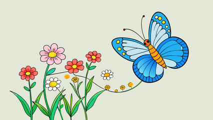In the field of wildflowers a the tall stalks and colorful blooms there was a lone butterfly. Its wings were a vibrant shade of blue and as it. Cartoon Vector.
