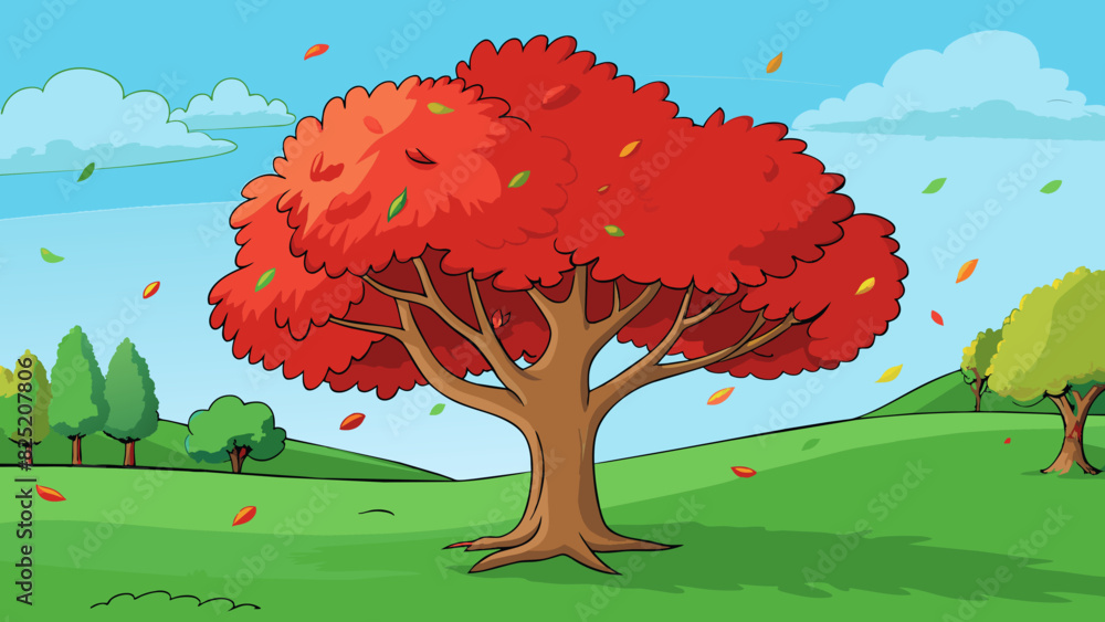 Poster in the park i saw a tree with vibrant red leaves a stark contrast to the surrounding green foliage s