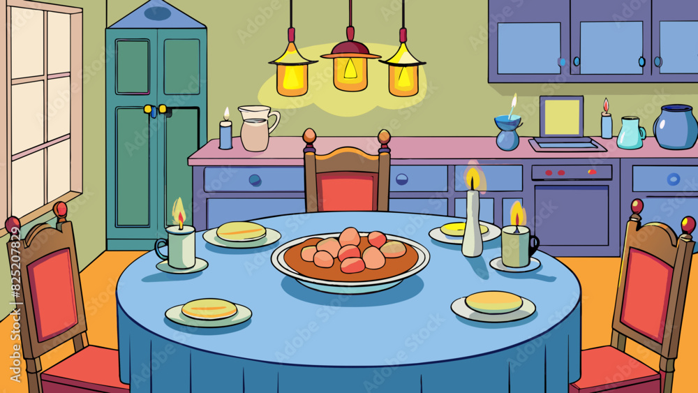Poster in the kitchen the soft glow of candlelight illuminated the dining table set with delicate china and