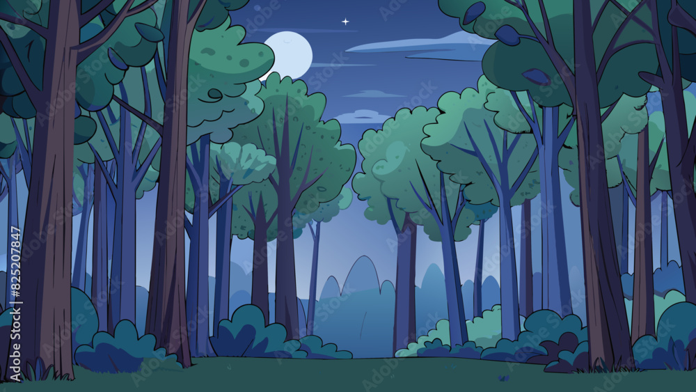 Poster in the quiet forest shadows danced and swayed in the silvery moonlight. the trees stood tall and sti