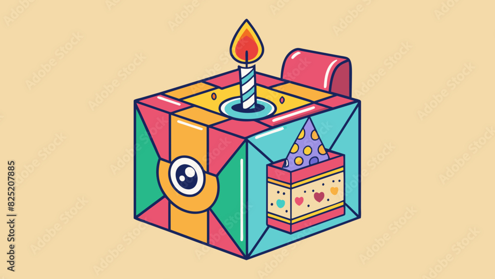 Poster In the third illustration a square object made of cardboard was shown. It had a colorful eyecatching design on the front and the words Happy Birthday. Cartoon Vector.