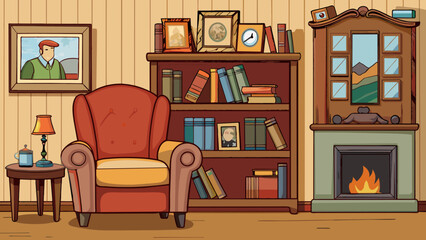 In the living room a traditional bookshelf made of dark wood is filled with worn leatherbound books and a few family photo frames. A cozy tufted. Cartoon Vector.