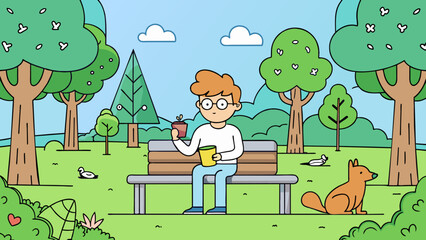 Fototapeta premium I was enjoying a quiet afternoon in the park surrounded by tall trees and chirping birds when suddenly a squirrel scurried up the bench next to me its. Cartoon Vector.