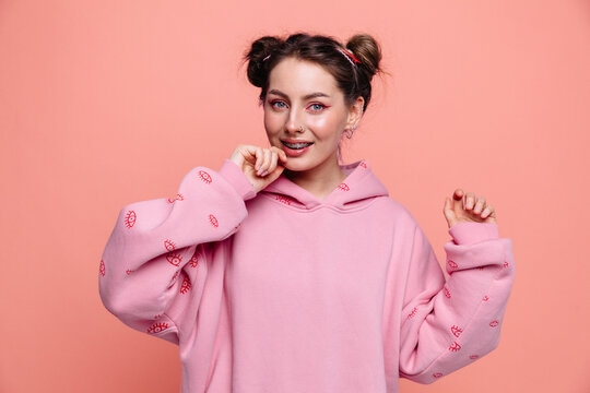 Blushing young woman have fun in studio
