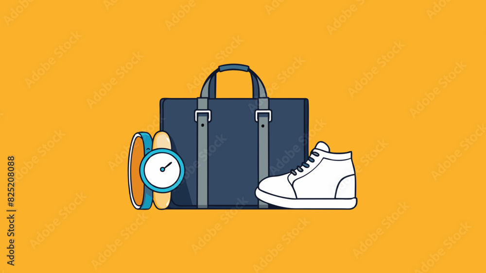 Poster Minimalist A sleek and streamlined style with a focus on quality over quantity. Objects include a black leather tote bag a pair of white sneakers and. Cartoon Vector.