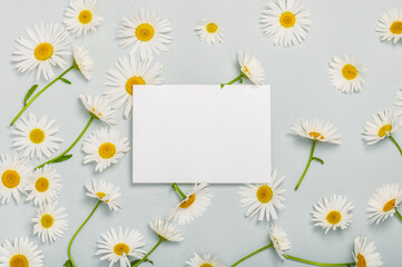 Invitation or greeting card mockup with blank paper blank and white daisy flowers.