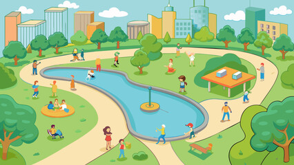 Obraz premium Local park A serene oasis in the middle of the city with winding paths lush greenery and a tranquil pond. Families can be seen having picnics children. Cartoon Vector.