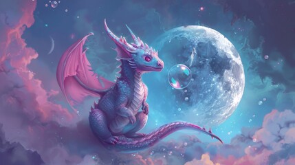 Cute Pink Dragon with a Crescent Moon in the Sky