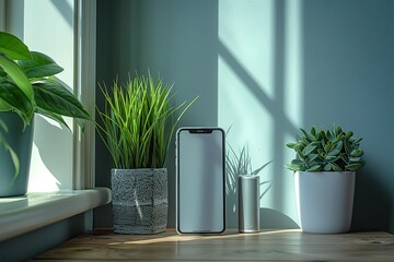 A white phone sits on a table next to a potted plant - Powered by Adobe