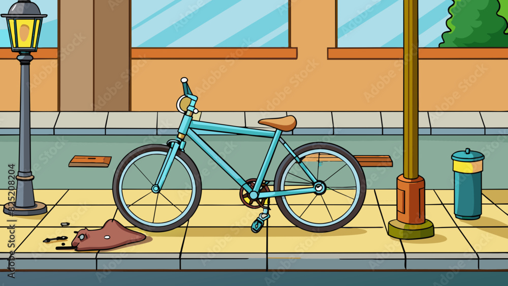 Poster on a busy city street a bike with a broken chain leans against a lamp post its paint chipped and ref