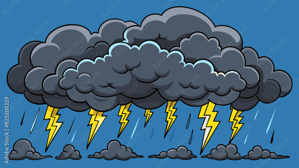 Poster Occur Dark storm clouds gather in the sky lightning flashing and thunder rumbling in the distance.. Cartoon Vector.