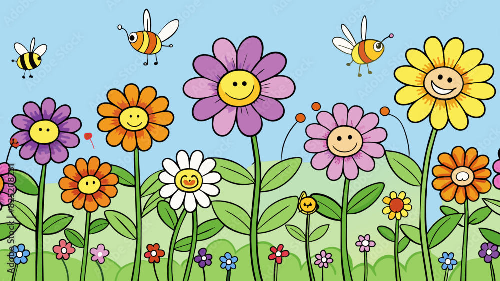 Poster Occur Rows of colorful flowers bloom in a meadow dancing in the wind as bees buzz around them pollinating each one.. Cartoon Vector.