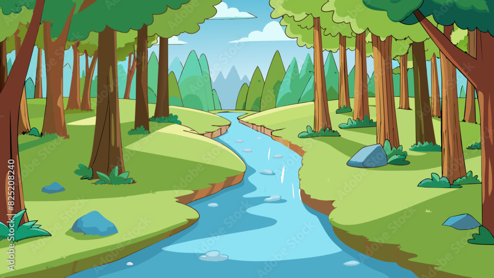Poster Occur A small bubbling stream winds through the dense forest its crystalclear water reflecting the sunlight filtering through the trees.. Cartoon Vector.