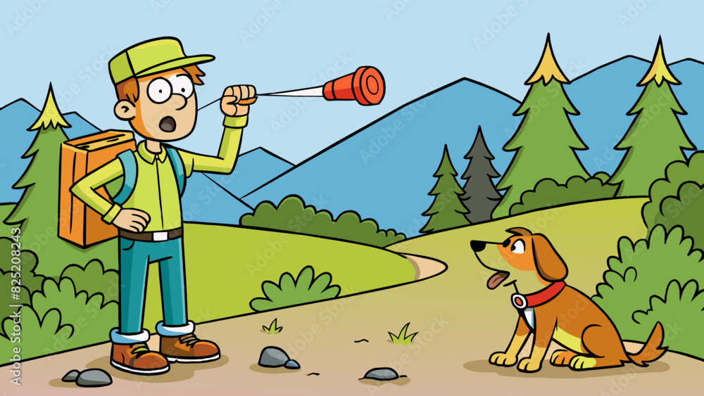 Poster on a hiking trail a hiker notices a lost dog and uses a whistle to call for help. the whistle has a 
