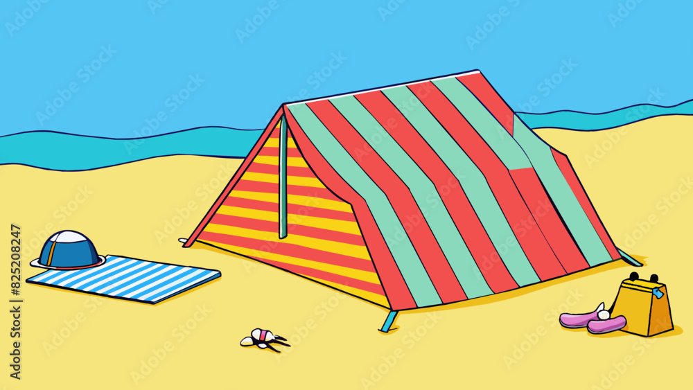 Poster on a secluded beach a makeshift tent provides a shady spot to escape the scorching sun. a large plus